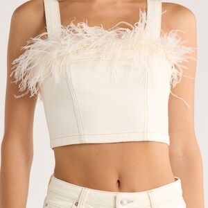 NWT Jonathan Simkhai Feather Trim Denim Bustier Top | White | Size 2